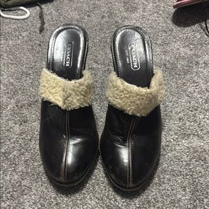 Coach Black Leather Mules with Cream Accent